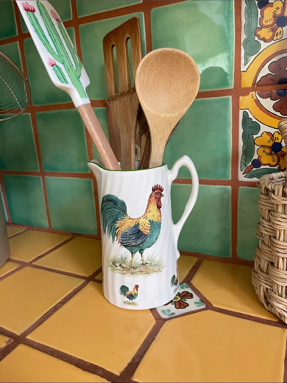 Ceramic Rooster Pitcher - White with Multicolor Farmhouse Design
